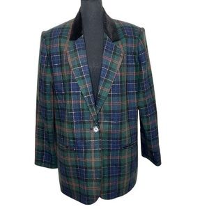 Women’s Vintage Sag Harbor Christmas Plaid Blazer Green Plus Size 14
